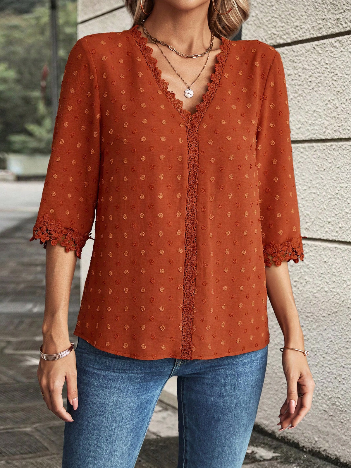 EMERY ROSE Summer Casual Swiss Polka Dot Shirt With Lace Patchwork,Three Quarter Sleeve Tops