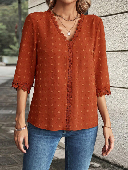 EMERY ROSE Summer Casual Swiss Polka Dot Shirt With Lace Patchwork,Three Quarter Sleeve Tops