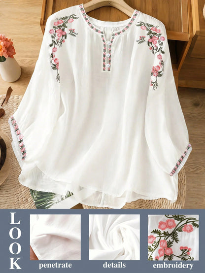 EMERY ROSE White Casual Plus Size Blouse Notched Neck Raglan Half Sleeve Woven Fabric Long Top With Floral Plant Embroidery For Women