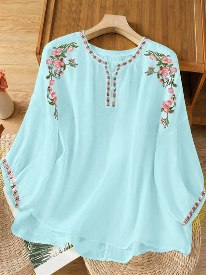 EMERY ROSE White Casual Plus Size Blouse Notched Neck Raglan Half Sleeve Woven Fabric Long Top With Floral Plant Embroidery For Women