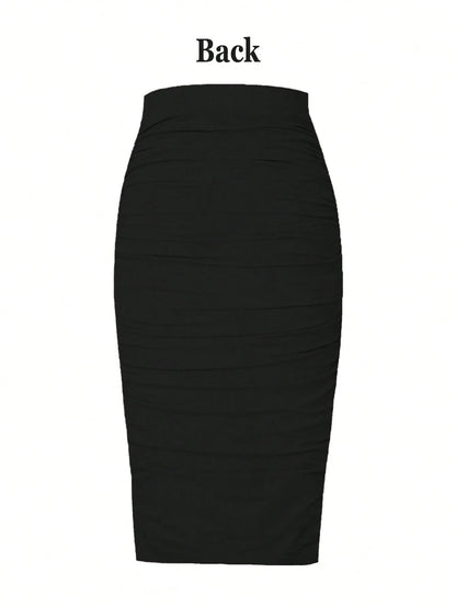 EMERY ROSE Women's Black Ruched Polyester Midi Pencil Skirt Plain Bodycon Style