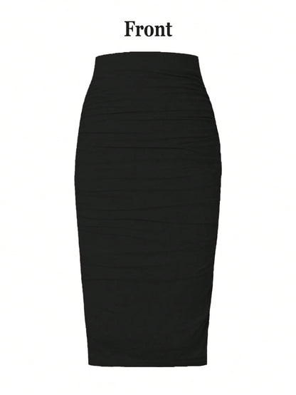 EMERY ROSE Women's Black Ruched Polyester Midi Pencil Skirt Plain Bodycon Style