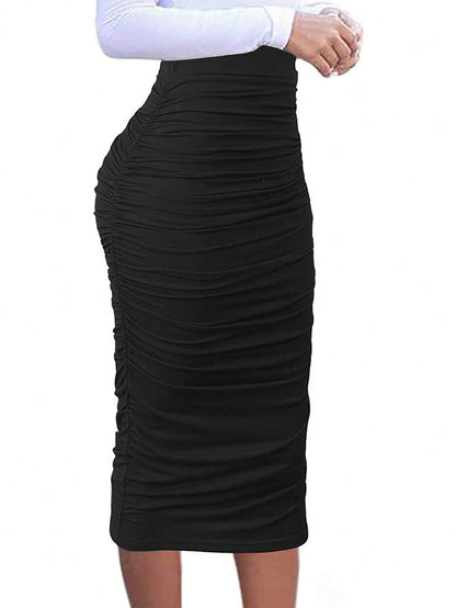 EMERY ROSE Women's Black Ruched Polyester Midi Pencil Skirt Plain Bodycon Style