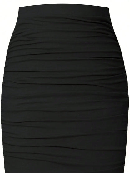EMERY ROSE Women's Black Ruched Polyester Midi Pencil Skirt Plain Bodycon Style