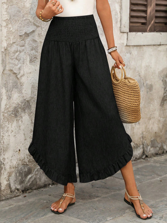 EMERY ROSE Women's Casual Vacation Style Solid Color High Waist Ruffle Hem Loose Wide Leg Pants Gaucho For Women