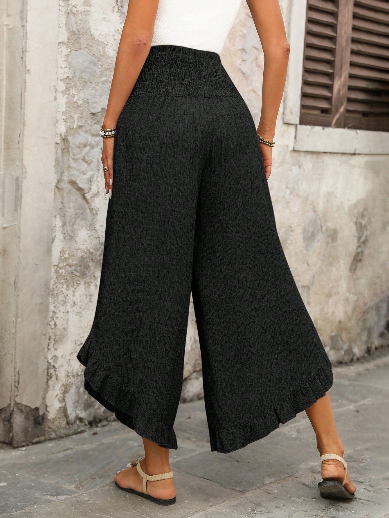 EMERY ROSE Women's Casual Vacation Style Solid Color High Waist Ruffle Hem Loose Wide Leg Pants Gaucho For Women