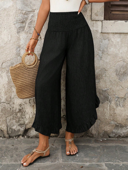 EMERY ROSE Women's Casual Vacation Style Solid Color High Waist Ruffle Hem Loose Wide Leg Pants Gaucho For Women