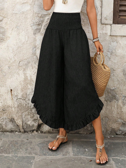 EMERY ROSE Women's Casual Vacation Style Solid Color High Waist Ruffle Hem Loose Wide Leg Pants Gaucho For Women