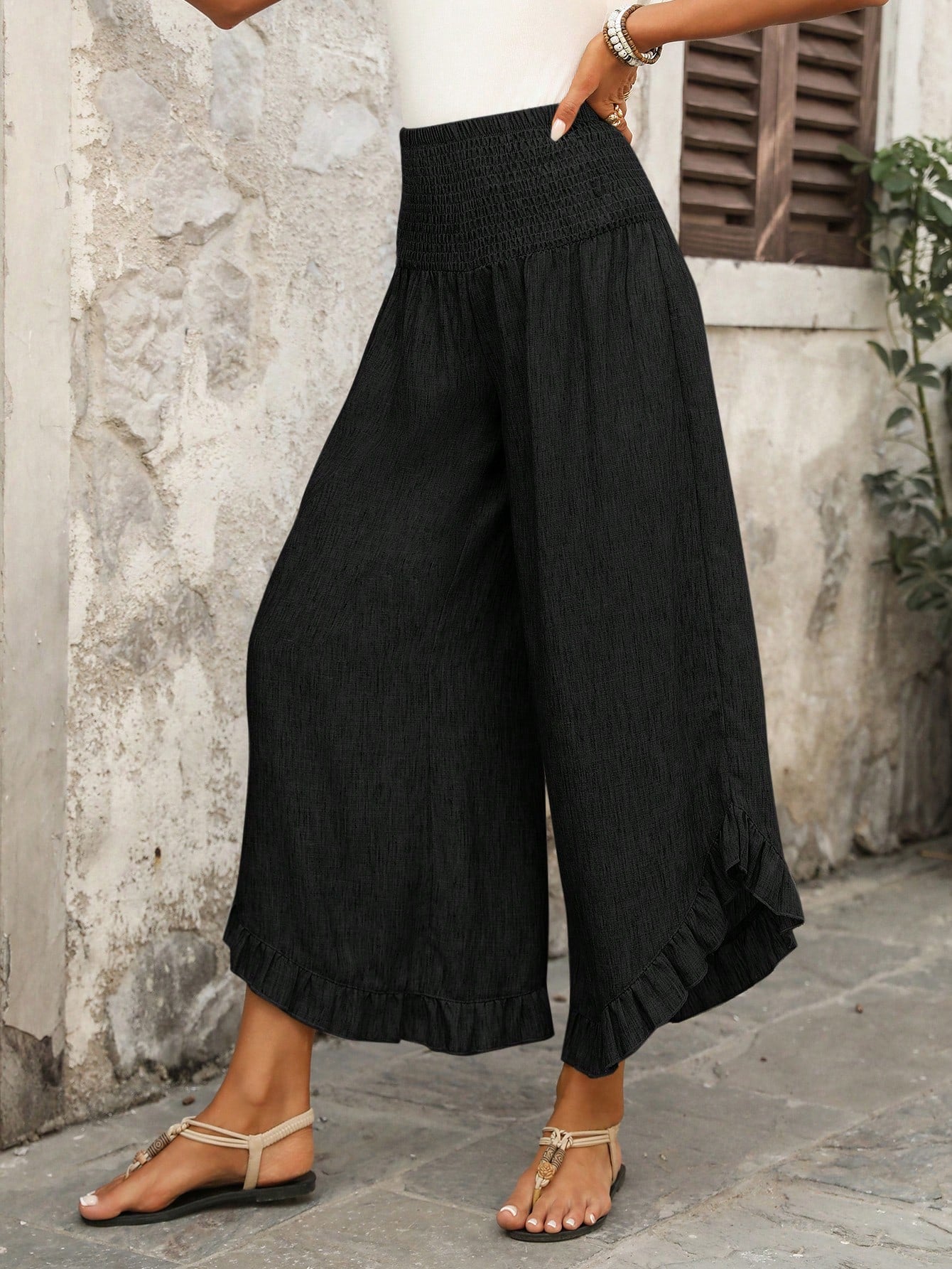 EMERY ROSE Women's Casual Vacation Style Solid Color High Waist Ruffle Hem Loose Wide Leg Pants Gaucho For Women