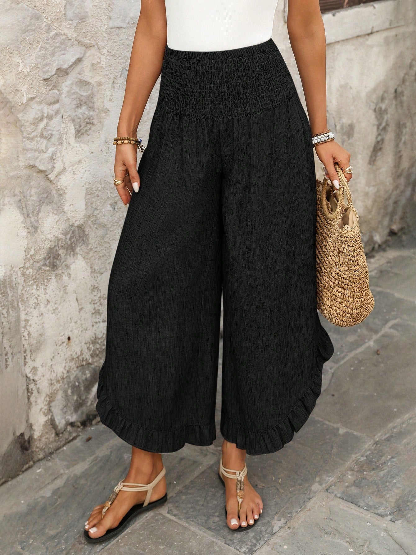 EMERY ROSE Women's Casual Vacation Style Solid Color High Waist Ruffle Hem Loose Wide Leg Pants Gaucho For Women
