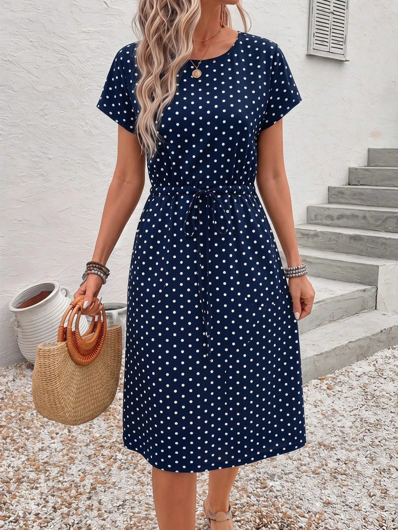 EMERY ROSE Women's Floral Print Round Neck Short Sleeve Waist Tie Casual French Elegant Cute Mid-Length Dress, Summer Dresses Country Clothing Vacation