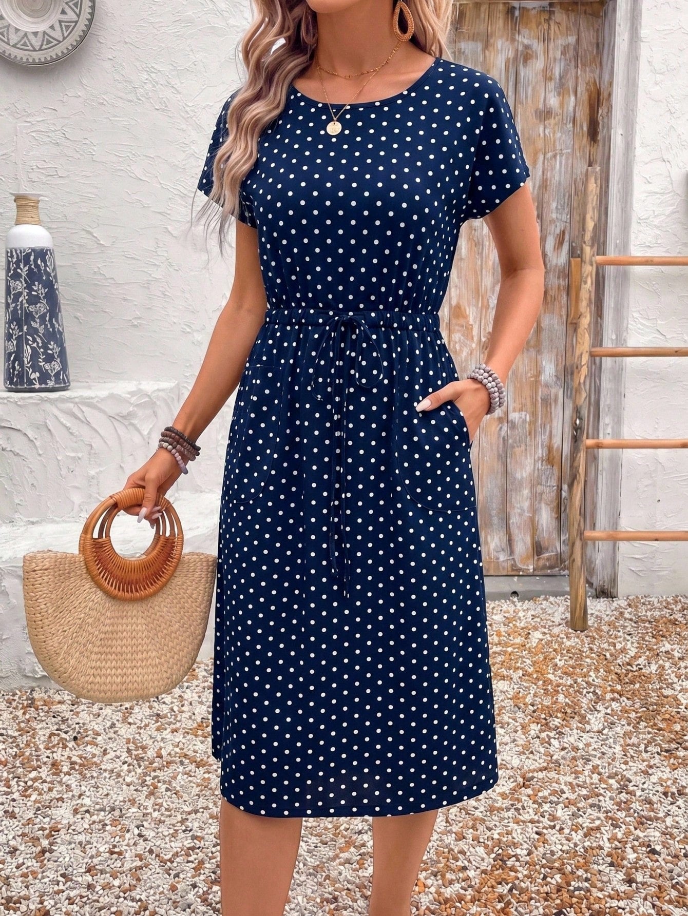 EMERY ROSE Women's Floral Print Round Neck Short Sleeve Waist Tie Casual French Elegant Cute Mid-Length Dress, Summer Dresses Country Clothing Vacation