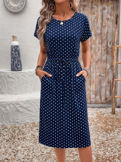 EMERY ROSE Women's Floral Print Round Neck Short Sleeve Waist Tie Casual French Elegant Cute Mid-Length Dress, Summer Dresses Country Clothing Vacation