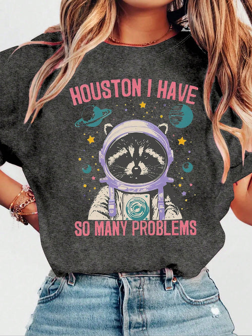 EMERY ROSE Women's Raccoon Astronaut T-Shirt,Funny Retro Graphic Tee,Cute Vintage Pattern Printed Plus Size Top,Dark Grey Summer Casual Everyday Fun Shirt