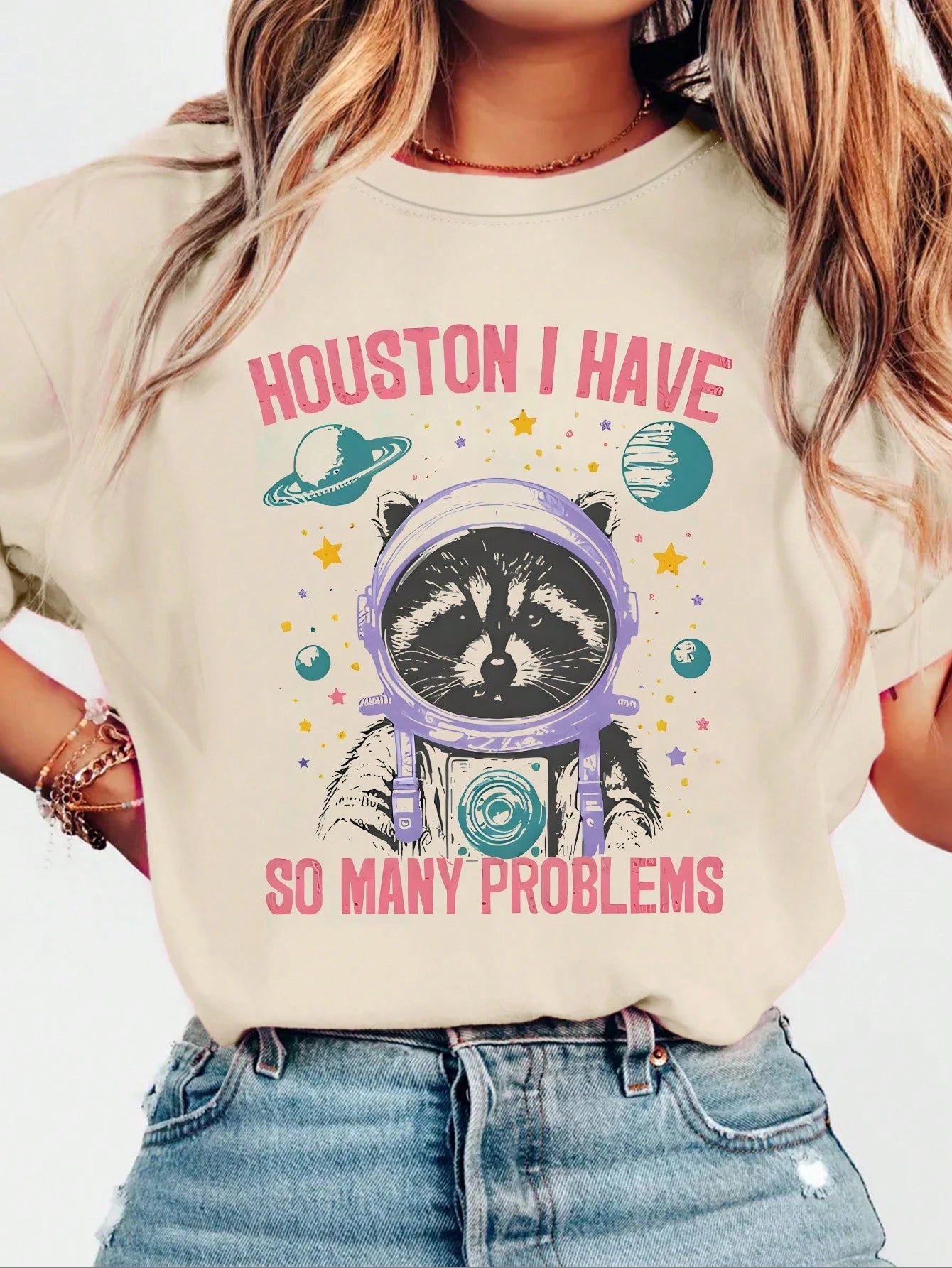EMERY ROSE Women's Raccoon Astronaut T-Shirt,Funny Retro Graphic Tee,Cute Vintage Pattern Printed Plus Size Top,Dark Grey Summer Casual Everyday Fun Shirt