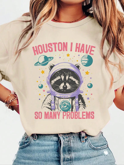 EMERY ROSE Women's Raccoon Astronaut T-Shirt,Funny Retro Graphic Tee,Cute Vintage Pattern Printed Plus Size Top,Dark Grey Summer Casual Everyday Fun Shirt