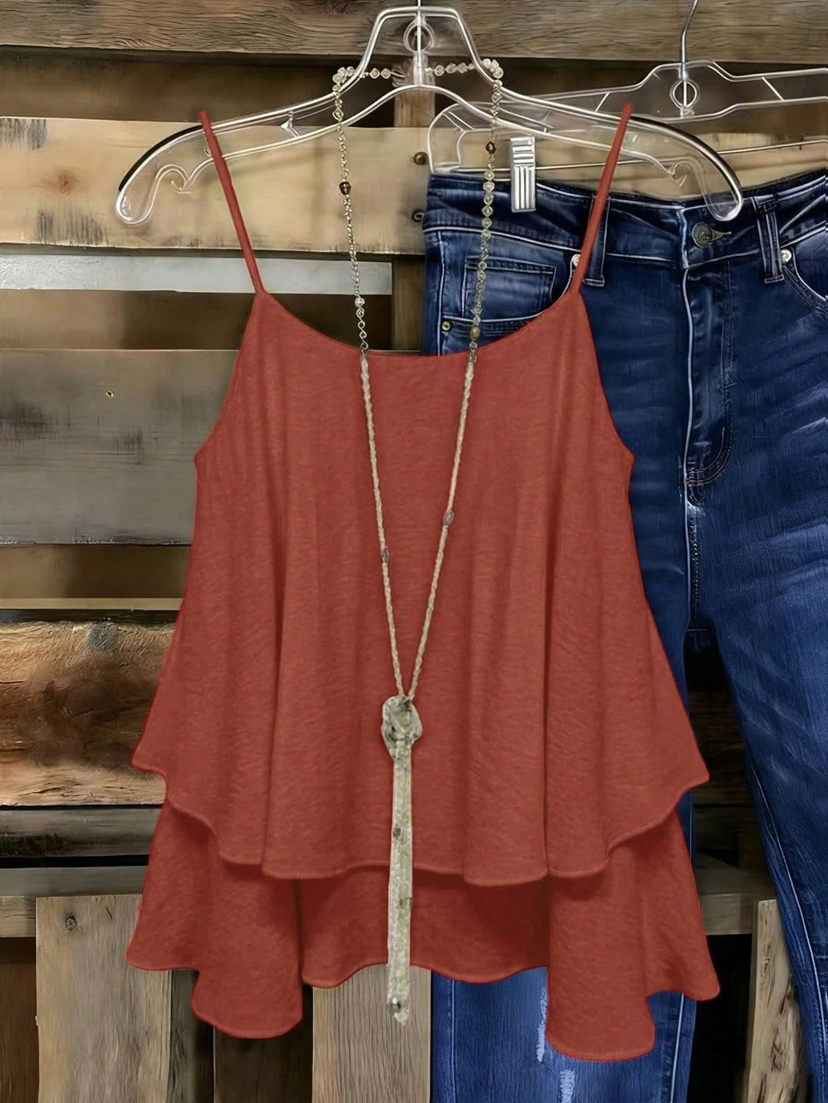EMERY ROSE Women's Rust Brown Boho Camisole Summer Tank Top,Loose Layered Silhouette,Breathable Casual Vacation Style,Thin Shoulder Strap Minimalist Solid Color