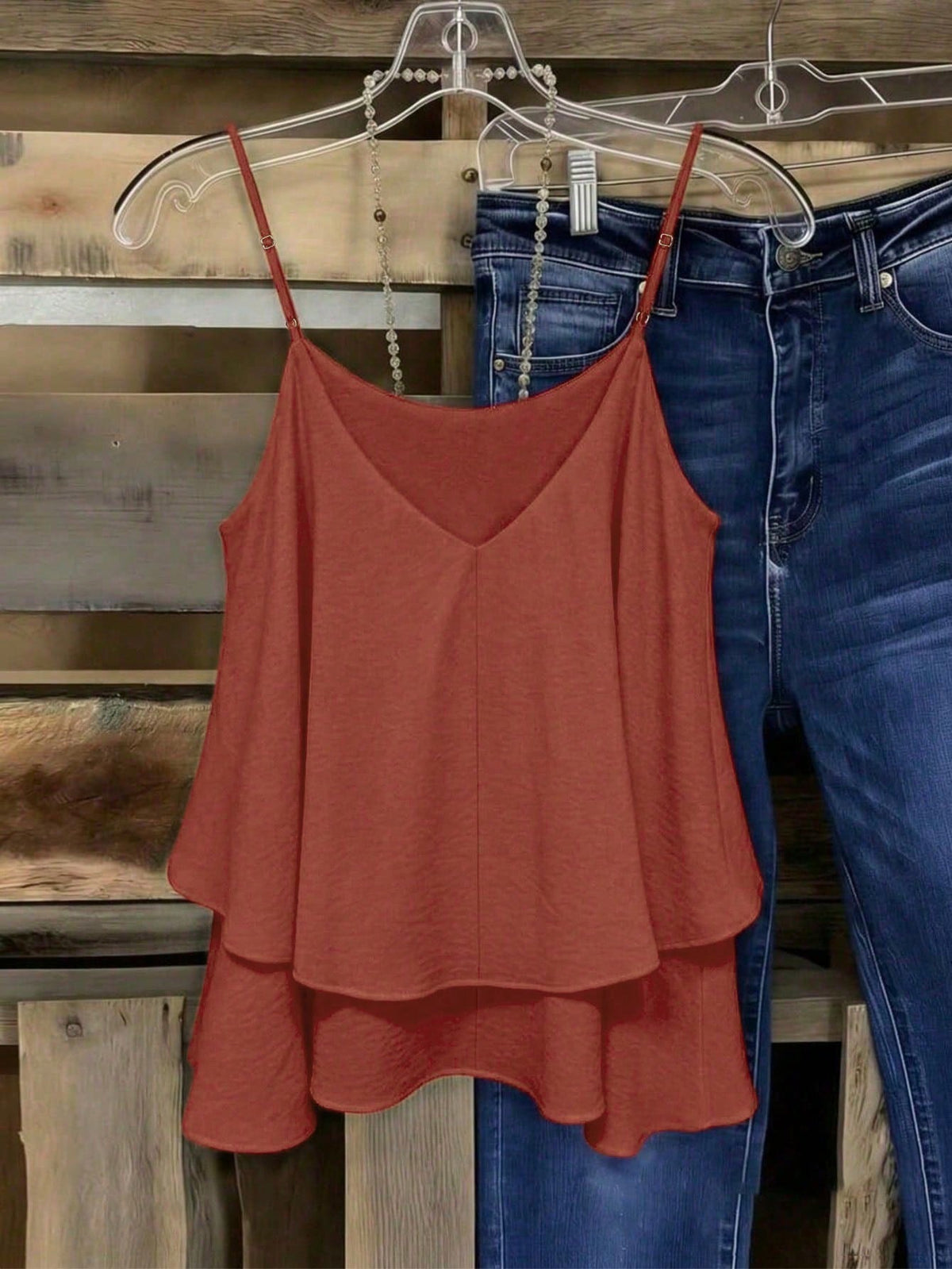 EMERY ROSE Women's Rust Brown Boho Camisole Summer Tank Top,Loose Layered Silhouette,Breathable Casual Vacation Style,Thin Shoulder Strap Minimalist Solid Color