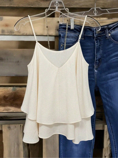 EMERY ROSE Women's Rust Brown Boho Camisole Summer Tank Top,Loose Layered Silhouette,Breathable Casual Vacation Style,Thin Shoulder Strap Minimalist Solid Color