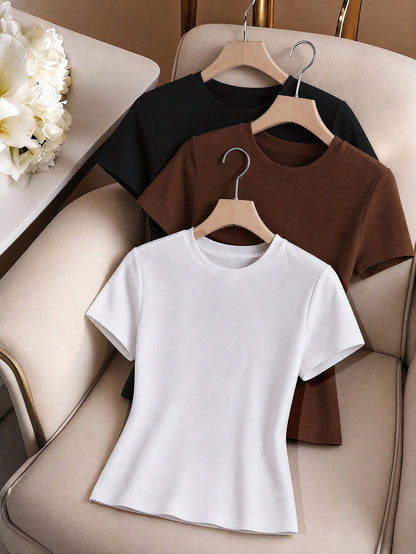 EMERY ROSE Women's Simple Solid Color Short Sleeve T-Shirt, Casual & Versatile