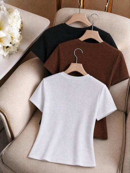 EMERY ROSE Women's Simple Solid Color Short Sleeve T-Shirt, Casual & Versatile
