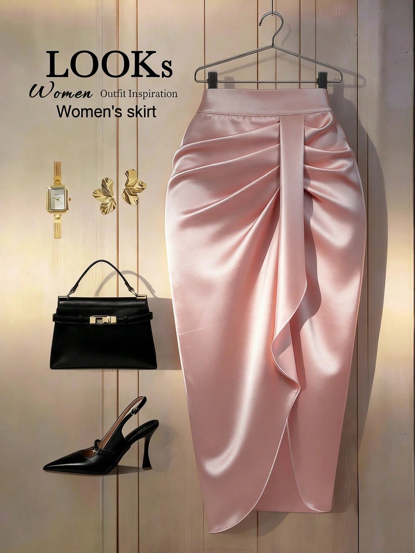 EMERY ROSE Women's Solid Color Pleated Design Asymmetric Hem Skirt