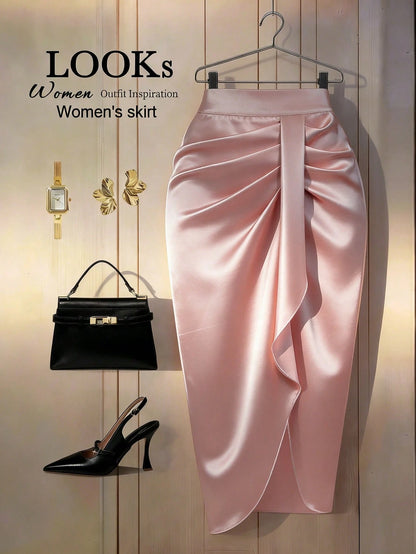 EMERY ROSE Women's Solid Color Pleated Design Asymmetric Hem Skirt