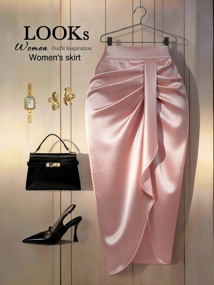 EMERY ROSE Women's Solid Color Pleated Design Asymmetric Hem Skirt