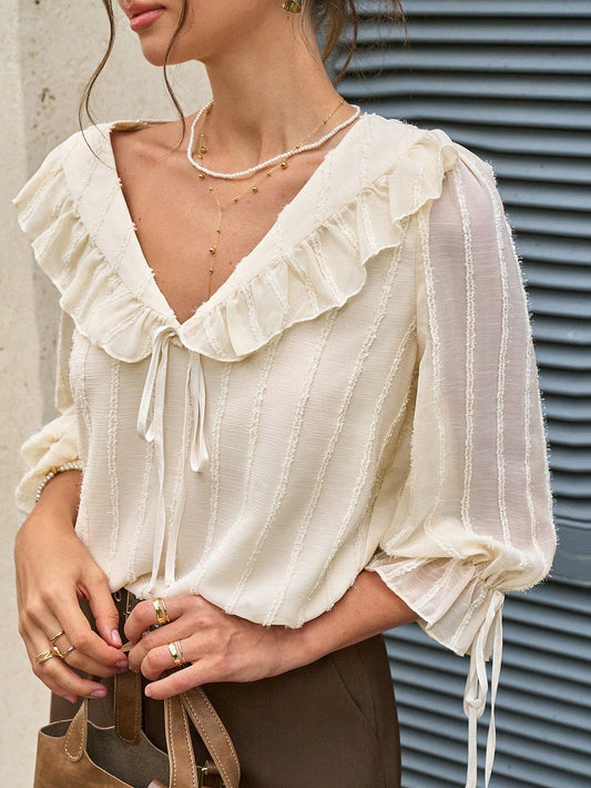 EMERY ROSE Women's Spring/Summer New Romantic Ruffle V-Neck 3/4 Sleeve Loose Blouse