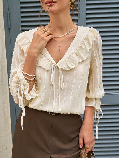 EMERY ROSE Women's Spring/Summer New Romantic Ruffle V-Neck 3/4 Sleeve Loose Blouse