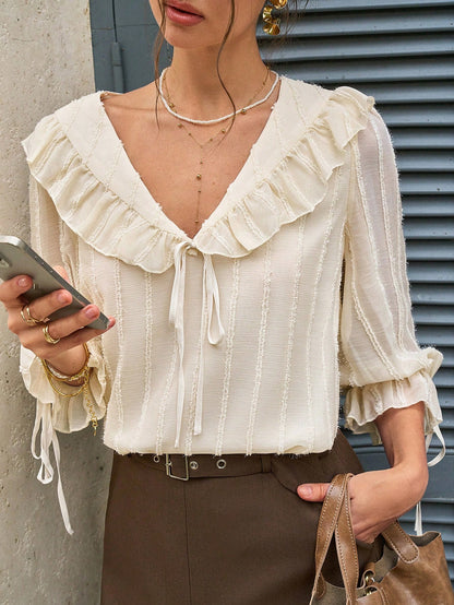 EMERY ROSE Women's Spring/Summer New Romantic Ruffle V-Neck 3/4 Sleeve Loose Blouse