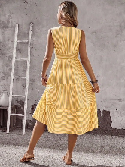 EMERY ROSE Women's White And Yellow Print V-Neck Ruffle Hem Sleeveless Dress Beach Vacation Summer Casual