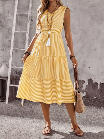 EMERY ROSE Women's White And Yellow Print V-Neck Ruffle Hem Sleeveless Dress Beach Vacation Summer Casual
