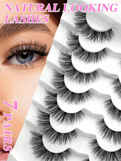 ENCHUW 7 Pairs Cat Eye Lashes With Clear Band Eyelashes 3D Curl Messy False Eyelashes Soft Fake Lashes
