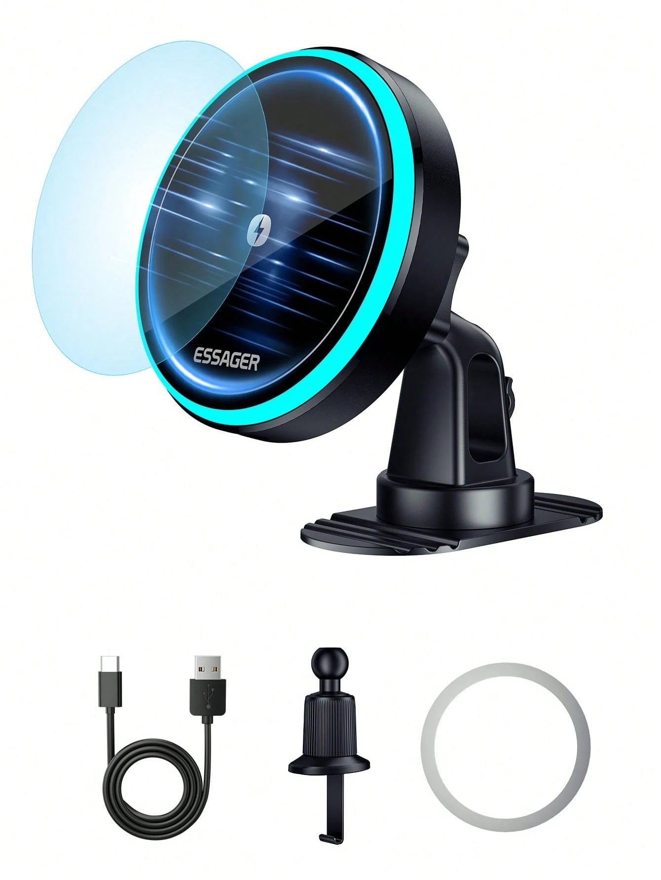 ESSAGER RGB Magnetic Car Phone Holder Qi 15W Wireless Charger Car Compatible With Iphone 14 13 Pro Max Phone Holder Stand Compatible With IPhone, Android Phone, Gift For Birthday, Family, Friends Car