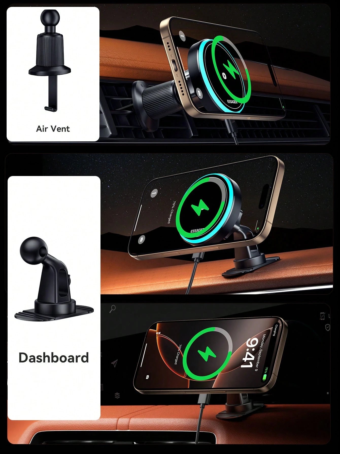 ESSAGER RGB Magnetic Car Phone Holder Qi 15W Wireless Charger Car Compatible With Iphone 14 13 Pro Max Phone Holder Stand Compatible With IPhone, Android Phone, Gift For Birthday, Family, Friends Car
