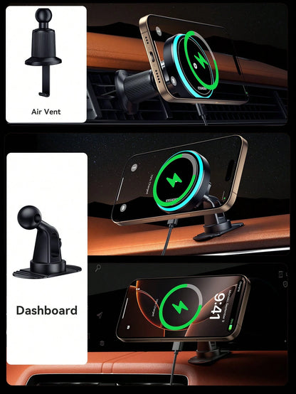 ESSAGER RGB Magnetic Car Phone Holder Qi 15W Wireless Charger Car Compatible With Iphone 14 13 Pro Max Phone Holder Stand Compatible With IPhone, Android Phone, Gift For Birthday, Family, Friends Car