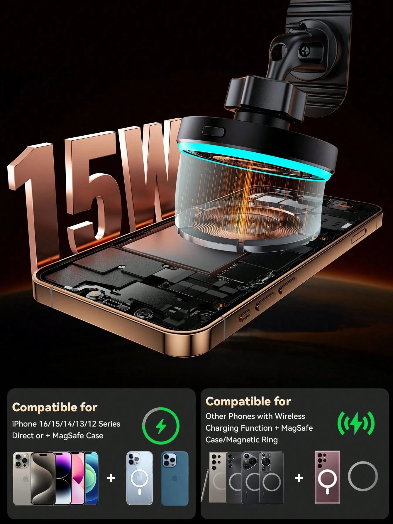 ESSAGER RGB Magnetic Car Phone Holder Qi 15W Wireless Charger Car Compatible With Iphone 14 13 Pro Max Phone Holder Stand Compatible With IPhone, Android Phone, Gift For Birthday, Family, Friends Car