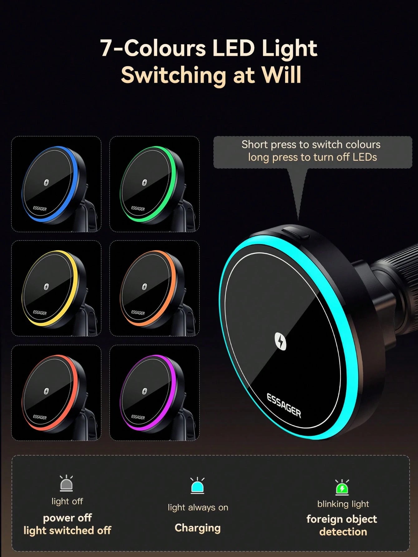 ESSAGER RGB Magnetic Car Phone Holder Qi 15W Wireless Charger Car Compatible With Iphone 14 13 Pro Max Phone Holder Stand Compatible With IPhone, Android Phone, Gift For Birthday, Family, Friends Car