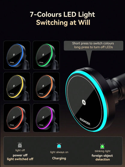 ESSAGER RGB Magnetic Car Phone Holder Qi 15W Wireless Charger Car Compatible With Iphone 14 13 Pro Max Phone Holder Stand Compatible With IPhone, Android Phone, Gift For Birthday, Family, Friends Car