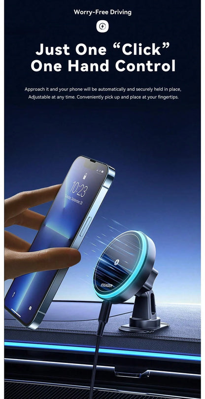 ESSAGER RGB Magnetic Car Phone Holder Qi 15W Wireless Charger Car Compatible With Iphone 14 13 Pro Max Phone Holder Stand Compatible With IPhone, Android Phone, Gift For Birthday, Family, Friends Car