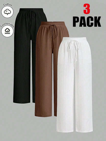 Essnce 3packs Summer Pants Women's Solid Color Waist-Tie Wide Leg Loose Casual Pants Work Pants