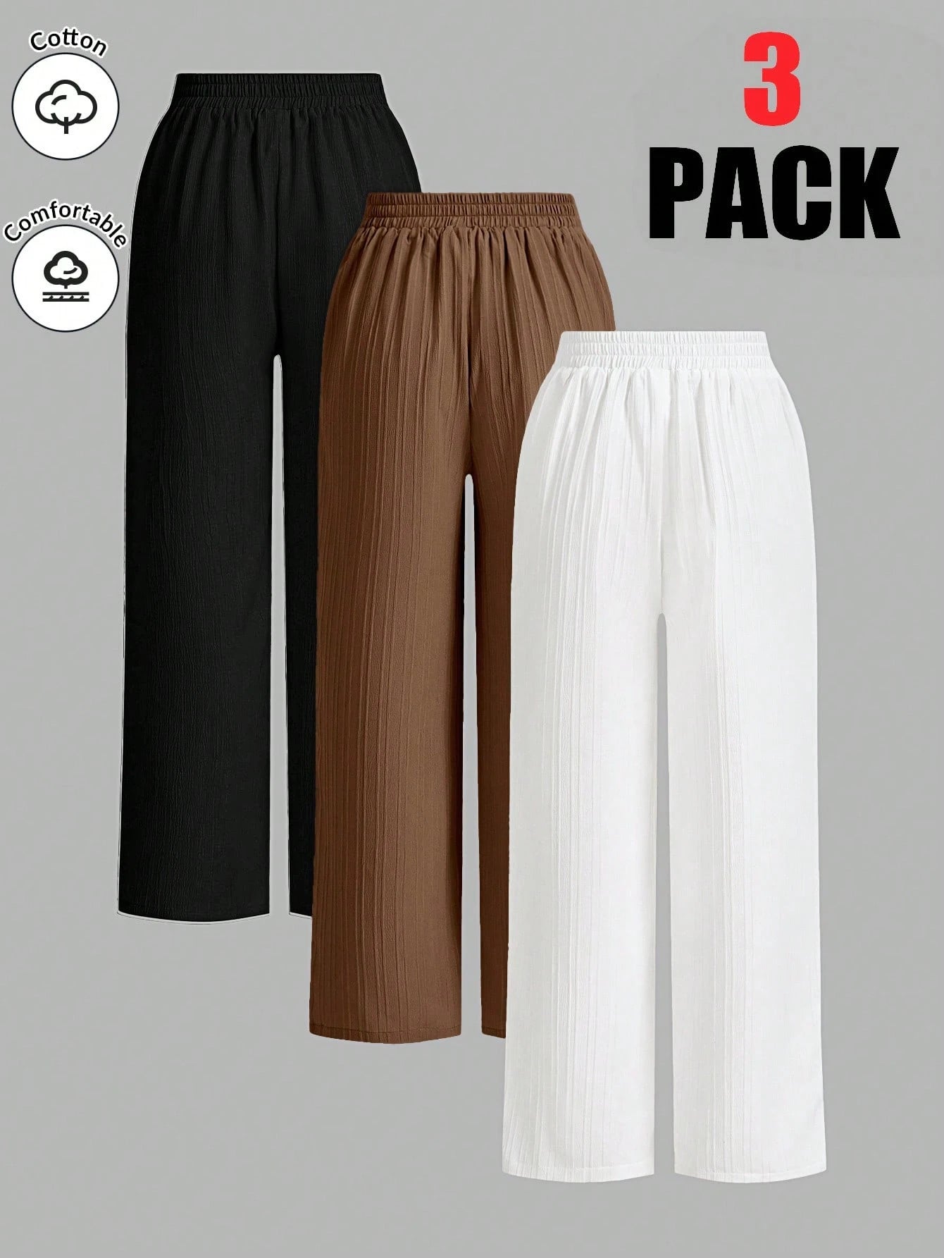 Essnce 3packs Summer Pants Women's Solid Color Waist-Tie Wide Leg Loose Casual Pants Work Pants