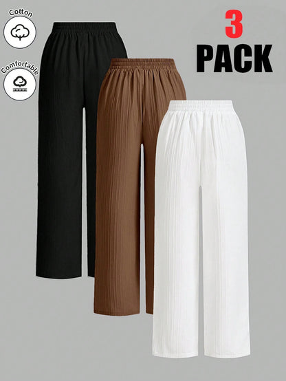 Essnce 3packs Summer Pants Women's Solid Color Waist-Tie Wide Leg Loose Casual Pants Work Pants