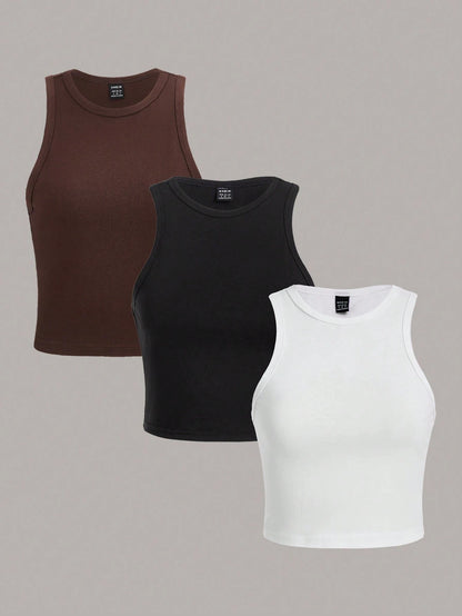 Essnce 3pcs/Pack Casual Minimalist Round Neck Slim Fit Women Tank Tops, Suitable For Summer