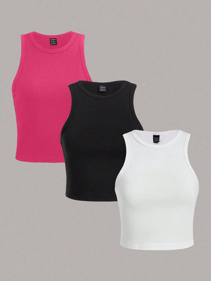Essnce 3pcs/Pack Casual Minimalist Round Neck Slim Fit Women Tank Tops, Suitable For Summer