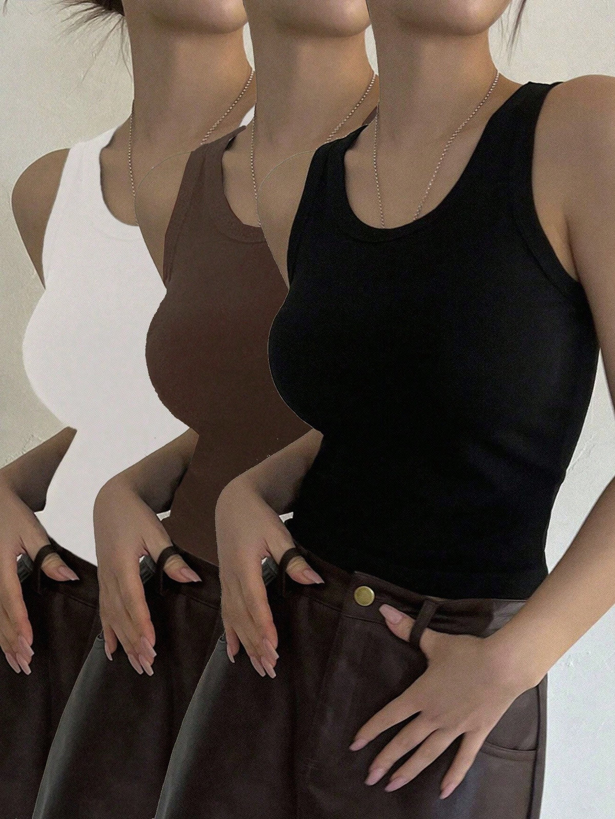 Essnce 3pcs/Pack Casual Minimalist Round Neck Slim Fit Women Tank Tops, Suitable For Summer