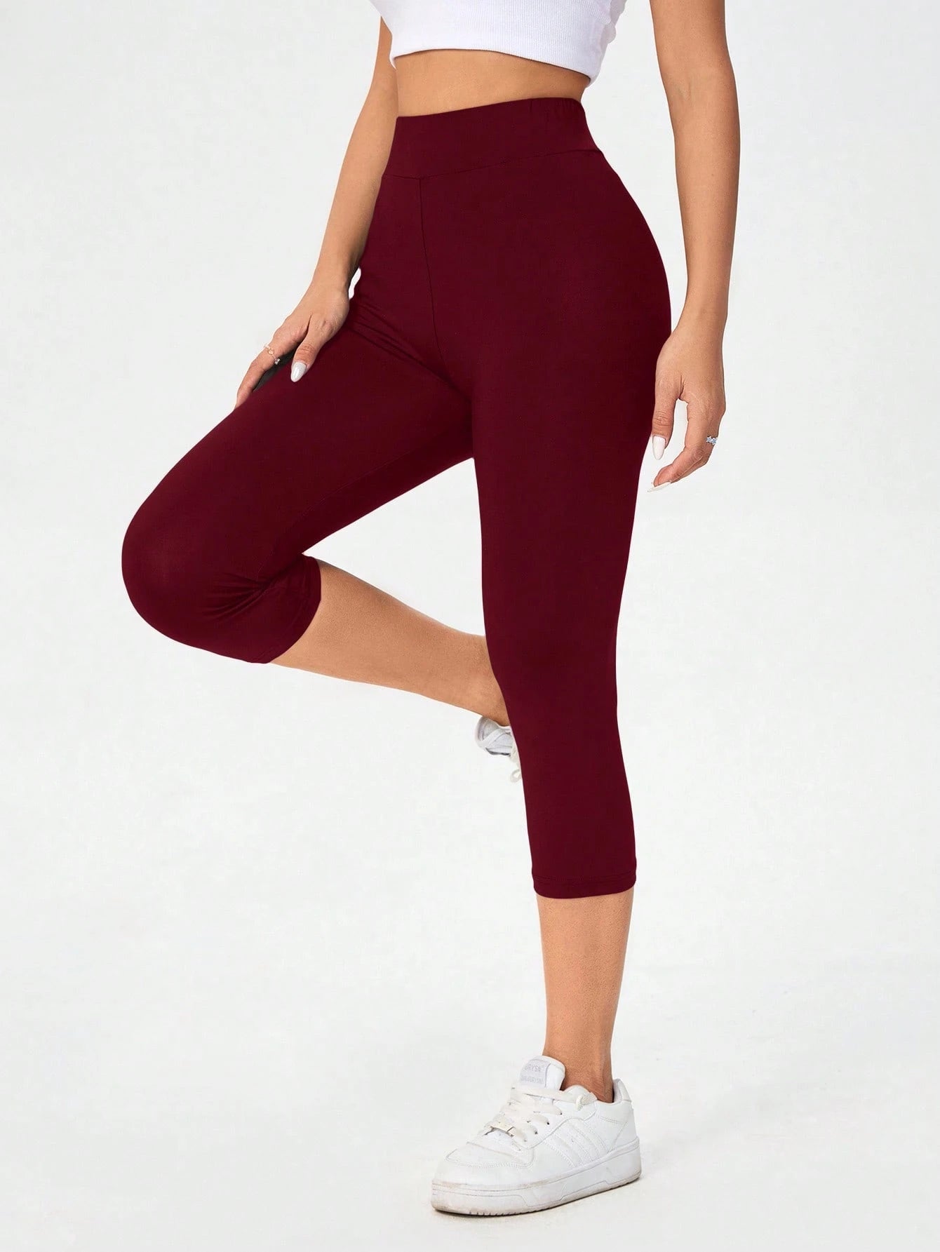 Essnce Burgundy High Waist Tight Casual Sports Capri Leggings For Women, Spring/Summer
