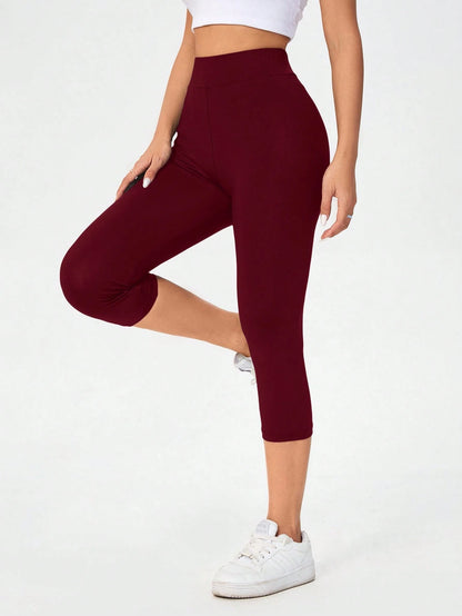 Essnce Burgundy High Waist Tight Casual Sports Capri Leggings For Women, Spring/Summer