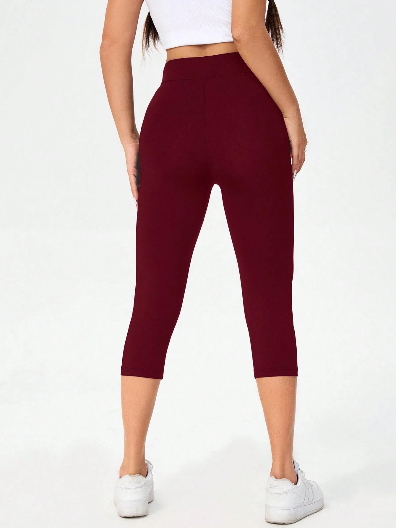 Essnce Burgundy High Waist Tight Casual Sports Capri Leggings For Women, Spring/Summer